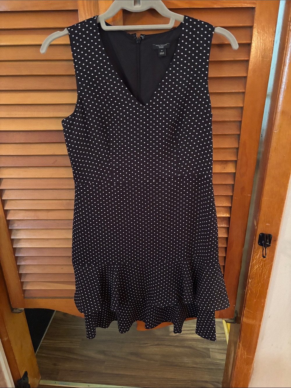 Ann Taylor Black and White Polka Dot Sleeveless V-Neck Midi Dress